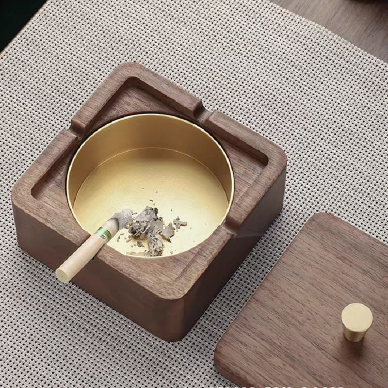 YZBZ Walnut ashtray with lid to prevent fly ash, stainless steel gold-plated liner, suitable for home and office