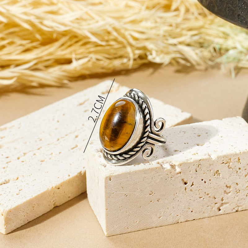 APENG European and American retro style natural crystal gemstone rough stone ring, polished surface, adjustable size