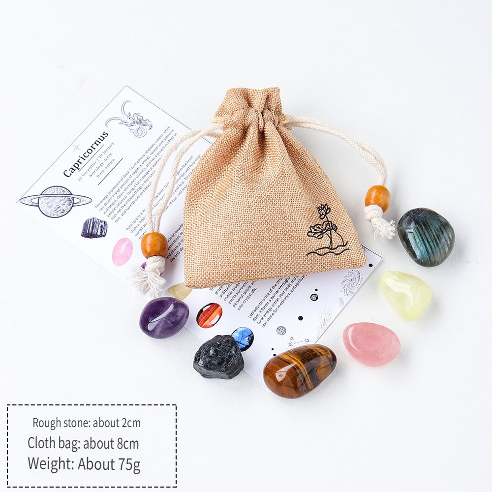 RYS Natural crystal cloth bag with rough stone, set of twelve constellations, handmade ore sample, gift for children