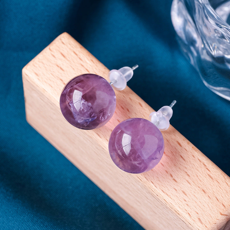 RYS S925 sterling silver natural Brazilian amethyst round bead earrings, fashionable and simple