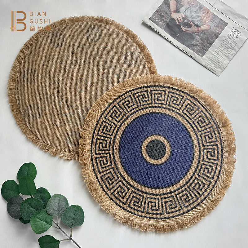 BGS Bohemian Jute Tassel Placemats, Color Printed Potholders, 40cm (15.8 inches) Diameter, 2-Pack, 4-Pack