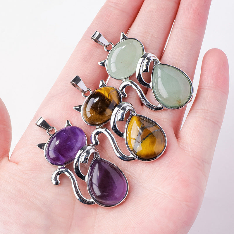 RYS Natural crystal semi-precious stone inlaid cat pendant necklace