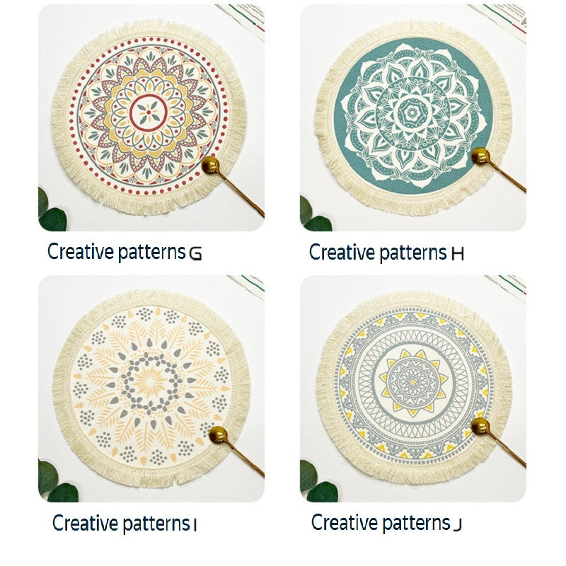 BGS hand-woven Bohemian cotton placemat with tassels, Nordic fabric woven round cushion，diameter 16/34 cm (6.3/13.4 inches)