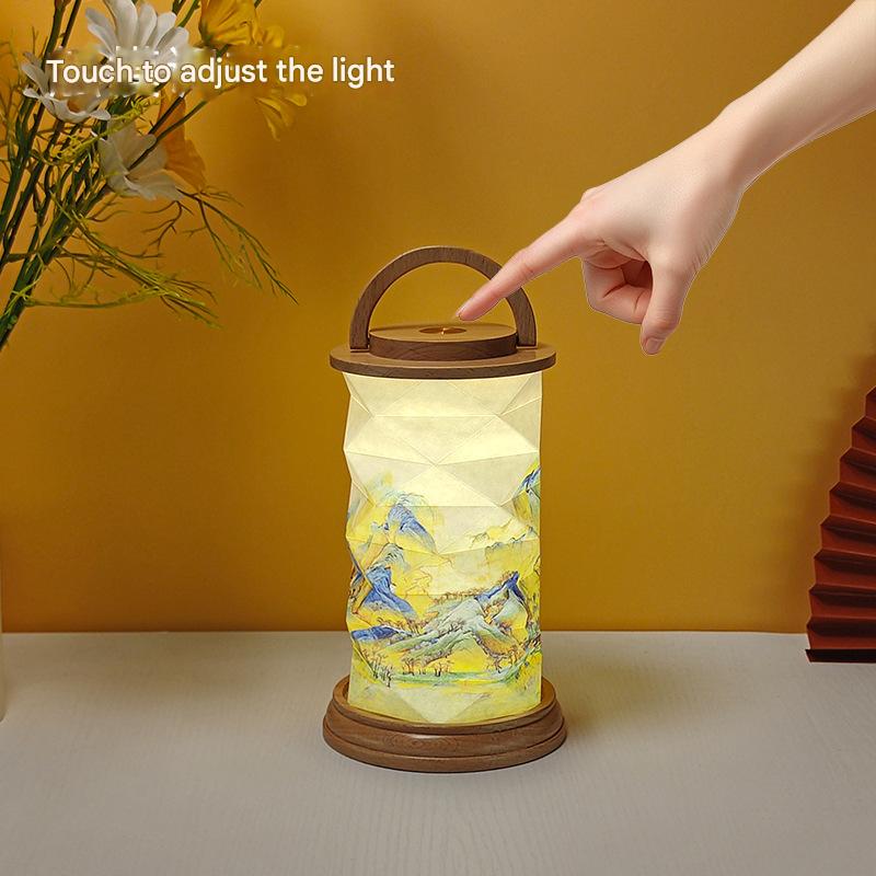 OBB Creative solid wood paper art atmosphere desk lamp, cultural and creative gift lamp, ornaments, touch dimming LED rechargeable night light