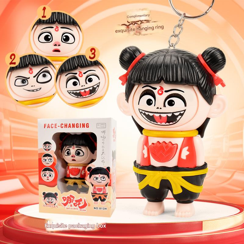 KKT Nezha Face Changer Doll Keychain Press Button Face Change Creative Toy