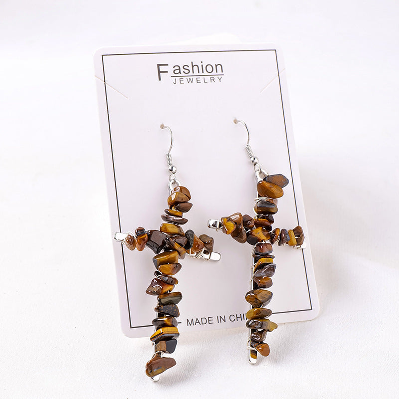 RYS Cross-shaped earrings with natural crystal gravel, handmade, simple women's ear hooks