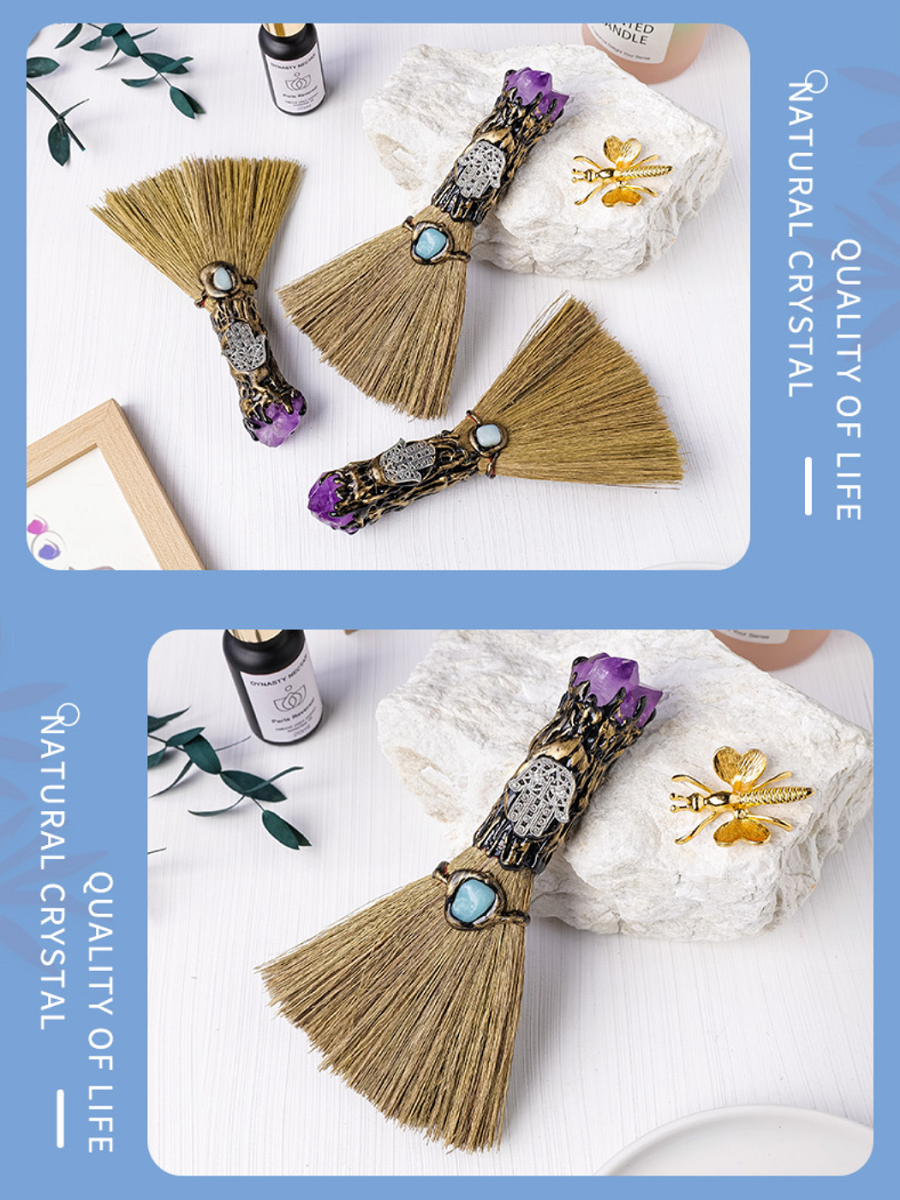 RYS A mini broom made of natural crystal, made from an amethyst tooth flower, a magical handmade broom decoration