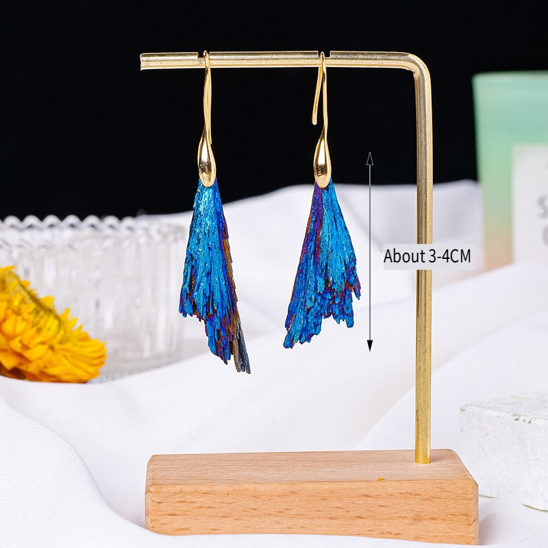 RYS Natural electroplated black tourmaline blue feather rough stone earrings, tourmaline peacock feather ear hook jewelry