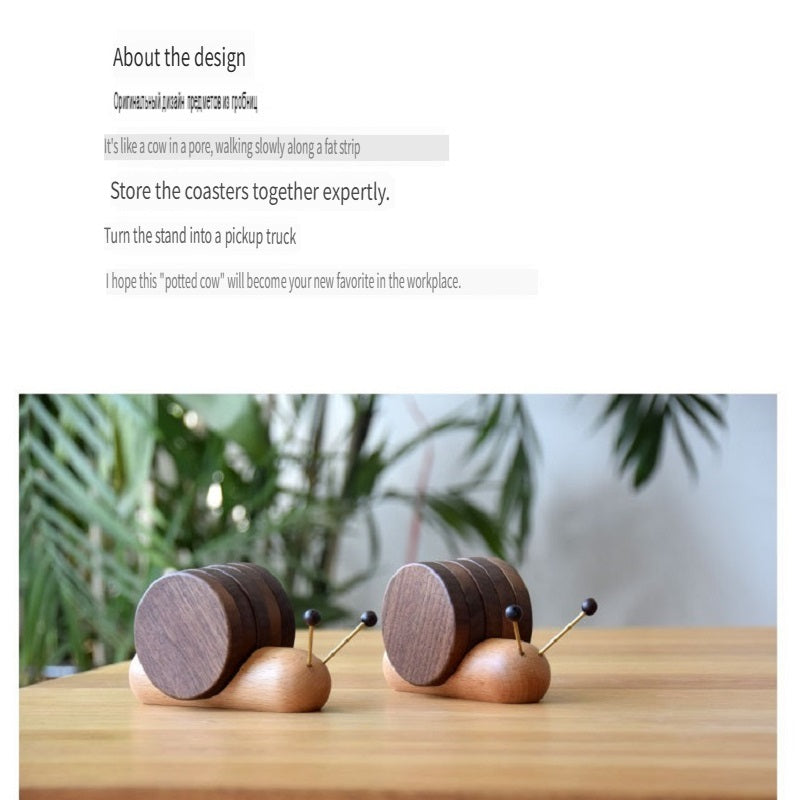 MYZD Black walnut/beech wood cartoon snail creative tea coasters, 5 pieces
