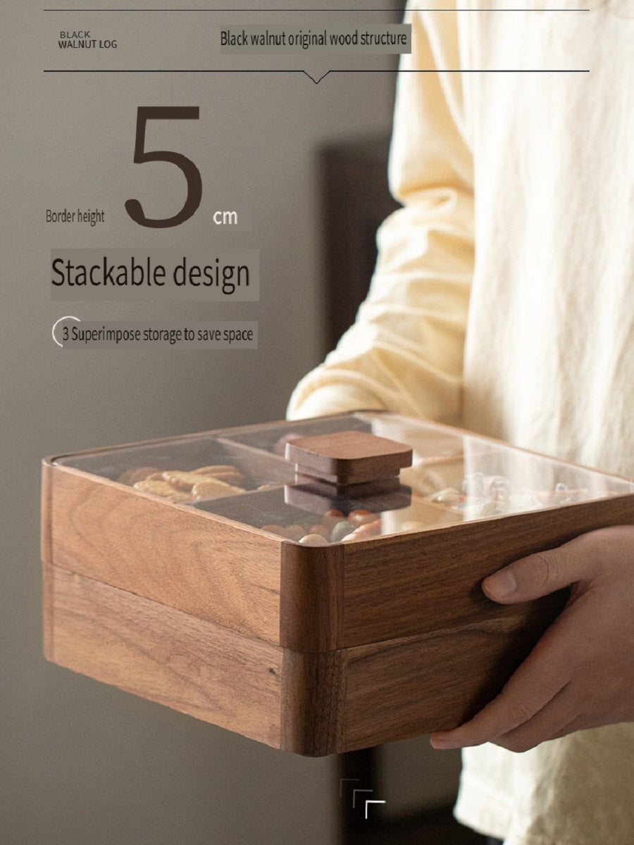 MYZD Black walnut 4-compartment dried fruit box, retro, simple, moisture-proof