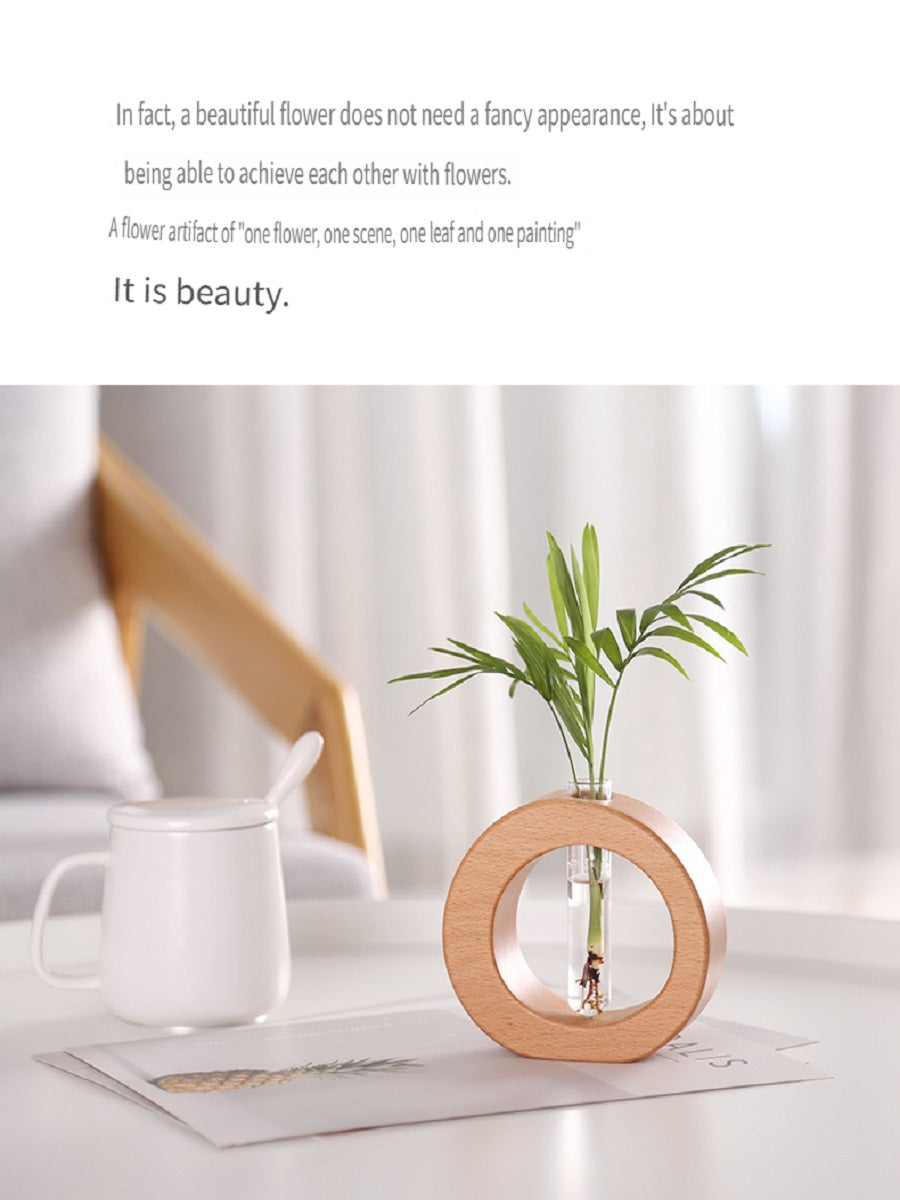 XMT Wooden vase creative home desktop decoration, with transparent glass test tube, hydroponic plant flower arrangement, simple pastoral style