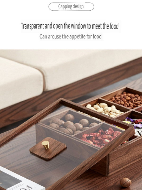 MYZD Black walnut six-compartment double-layer dried fruit box with transparent acrylic lid, sealed against moisture and dust