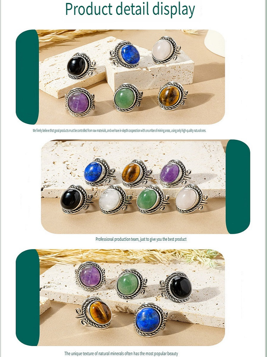 APENG European and American retro style natural crystal gemstone rough stone ring, polished surface, adjustable size