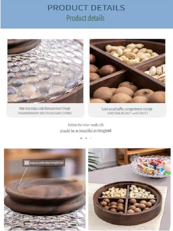 MYZD Black walnut dried fruit storage box, 4 compartments with crystal lid