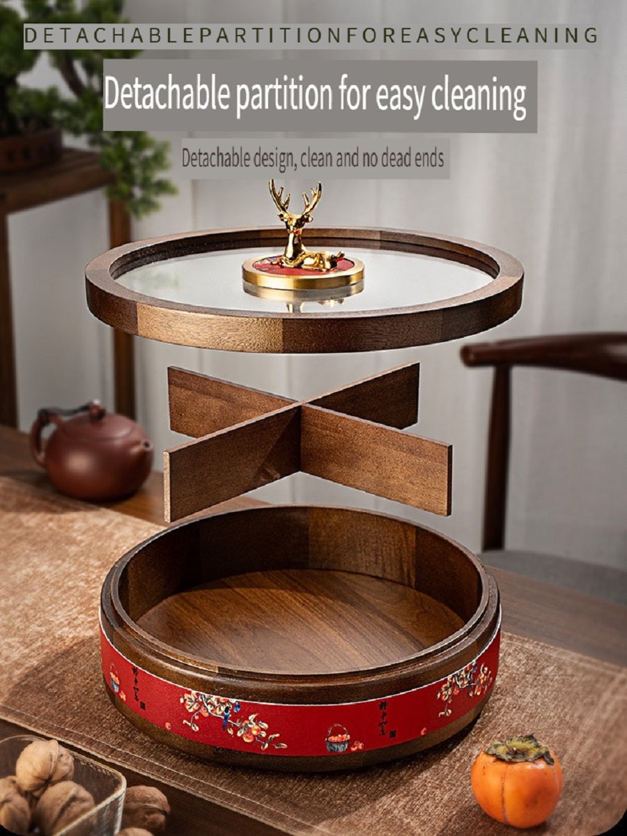 MYZD New Chinese style round dried fruit box, 360 degree rotating, made of African Okoume wood