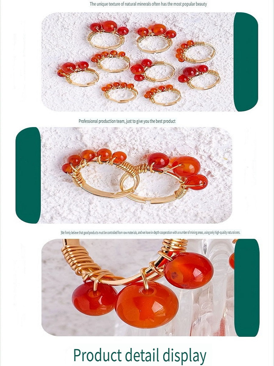 RYS Natural red agate round bead ring, hand-wound