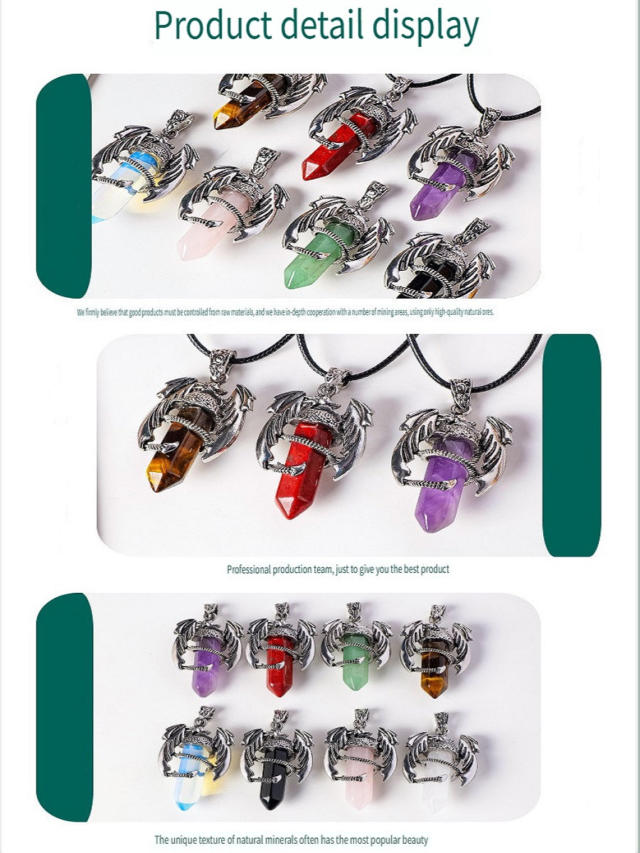RYS Necklace with a pendant in the form of a flying dragon on one end column made of natural crystal, necklace with a hexagonal crystal column