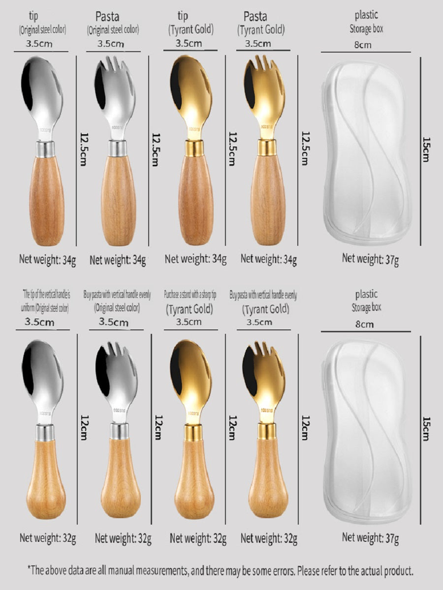 HOMGED 304 stainless steel beech handle children's spoon and fork set, original steel color and gold，can stand upright