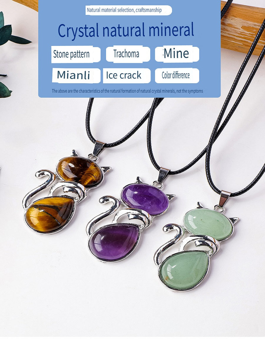 RYS Natural crystal semi-precious stone inlaid cat pendant necklace