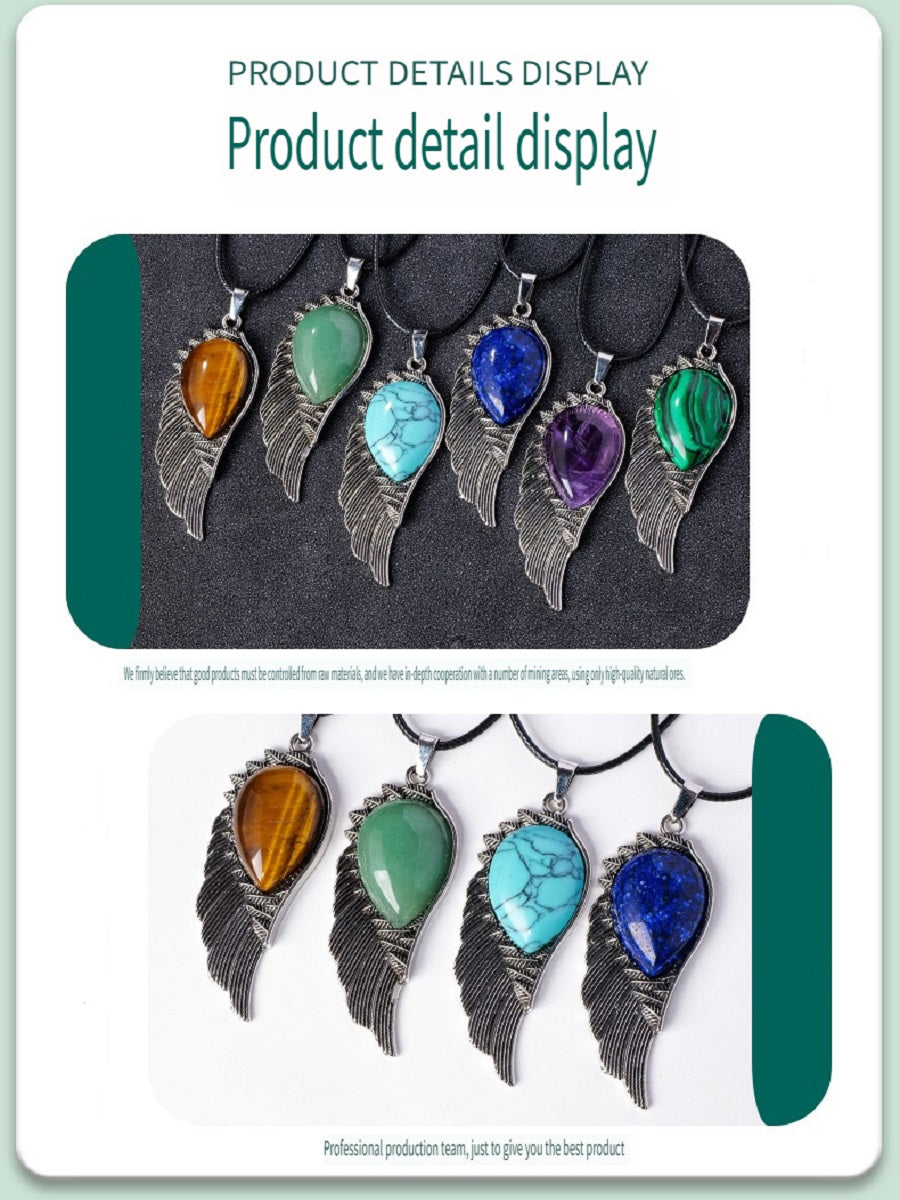 RYS Natural crystal gemstone rough Angel Wing Pendant necklace, retro crystal crafts