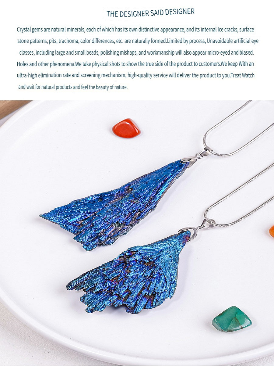 RYS Natural electroplated black tourmaline pendant necklace, tourmaline rough ore standard blue peacock feather jewelry