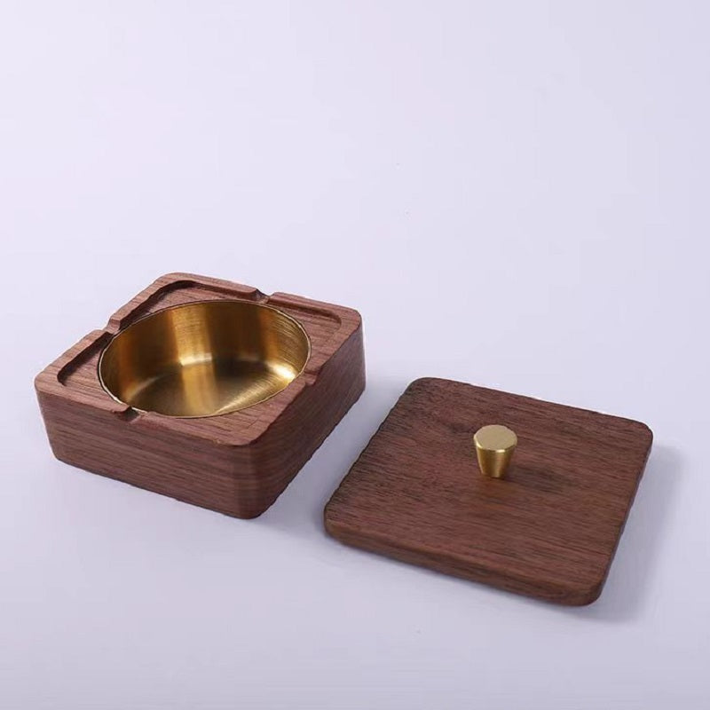 YZBZ Walnut ashtray with lid to prevent fly ash, stainless steel gold-plated liner, suitable for home and office