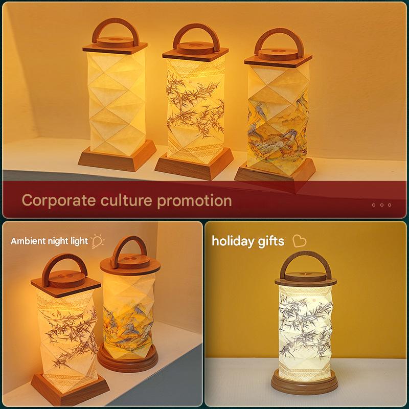 OBB Creative solid wood paper art atmosphere desk lamp, cultural and creative gift lamp, ornaments, touch dimming LED rechargeable night light