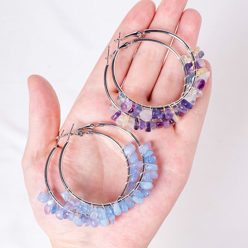 RYS Natural crystal gravel earrings, hand-wound, fashionable and versatile round earrings