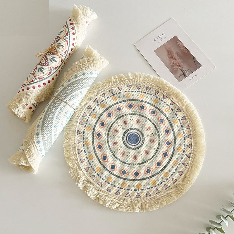 BGS hand-woven Bohemian cotton placemat with tassels, Nordic fabric woven round cushion，diameter 16/34 cm (6.3/13.4 inches)