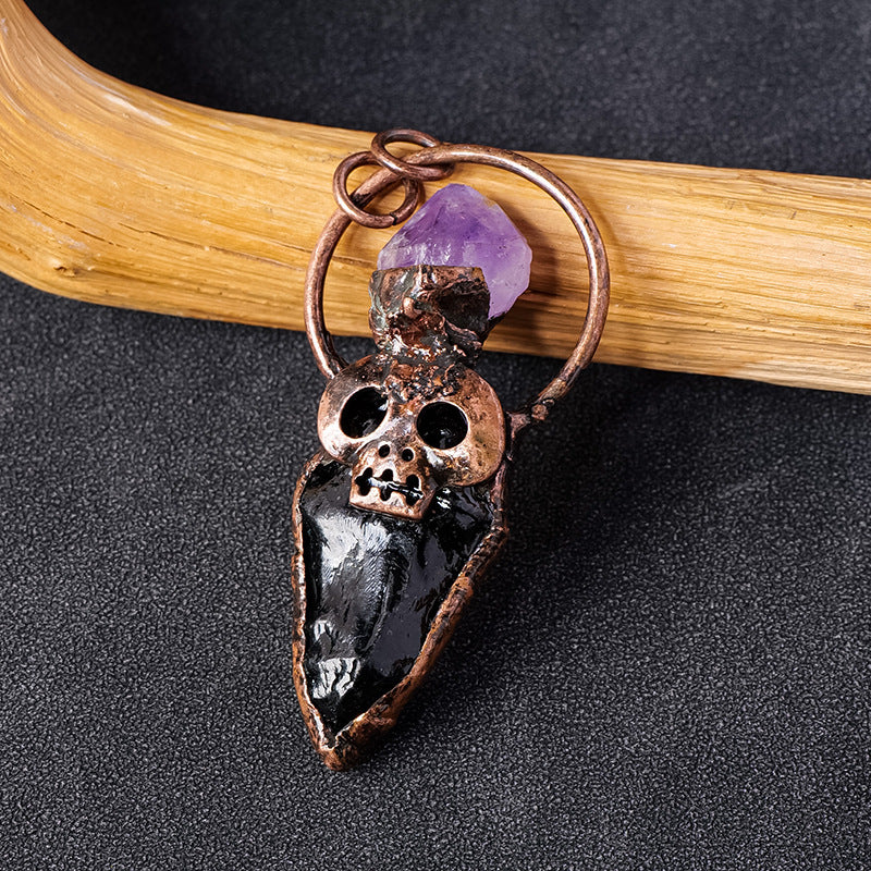 RYS European and American retro copper skull crystal arrow pendant necklace, punk style