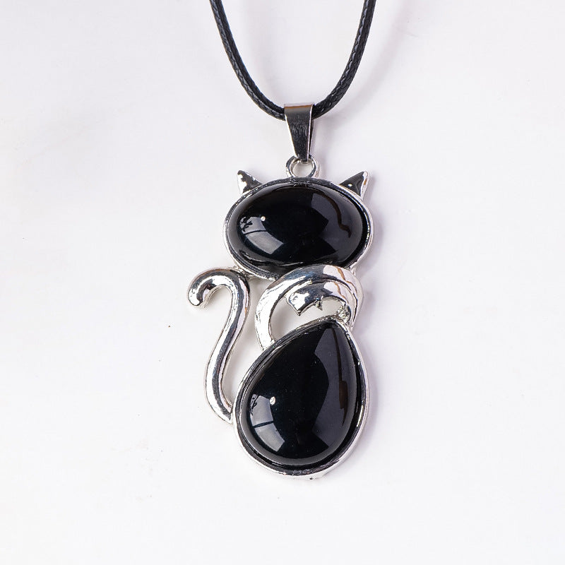 RYS Natural crystal semi-precious stone inlaid cat pendant necklace