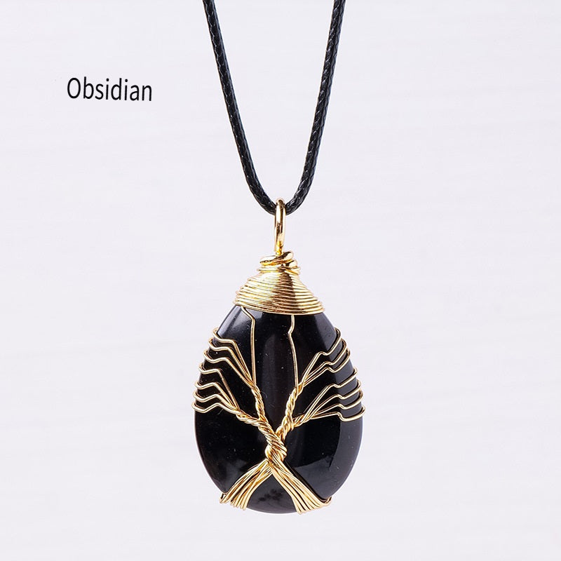 RYS Tree of Life water drop wrapped silk Pendant, hand-woven natural crystal energy stone necklace