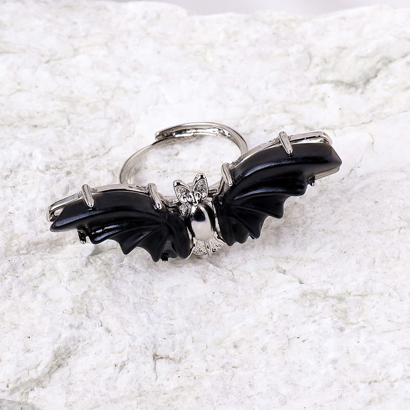 APENG Natural obsidian bat ring, adjustable size, Halloween crystal jewelry