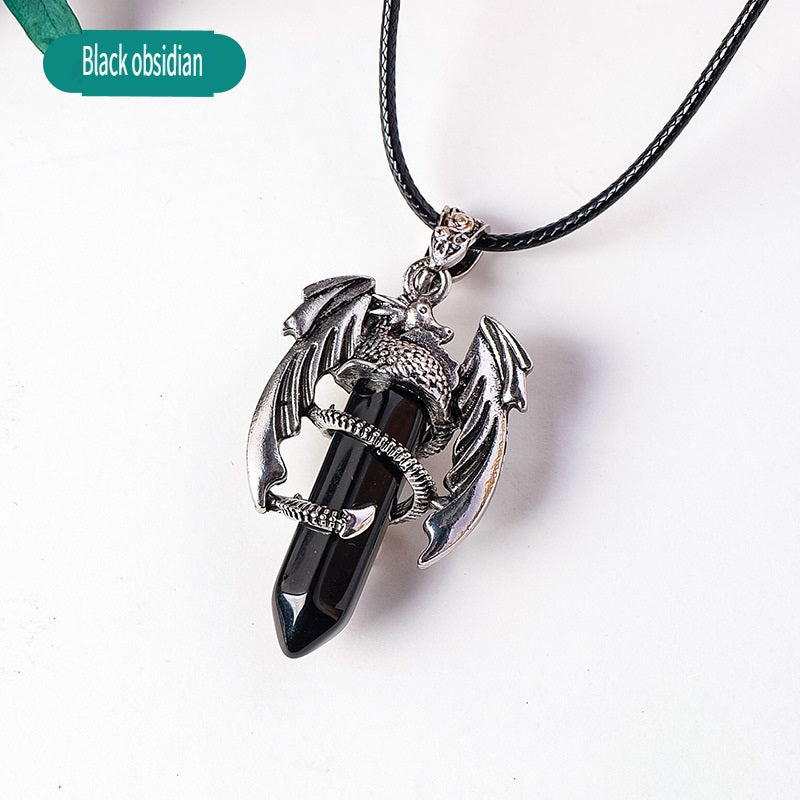 RYS Necklace with a pendant in the form of a flying dragon on one end column made of natural crystal, necklace with a hexagonal crystal column