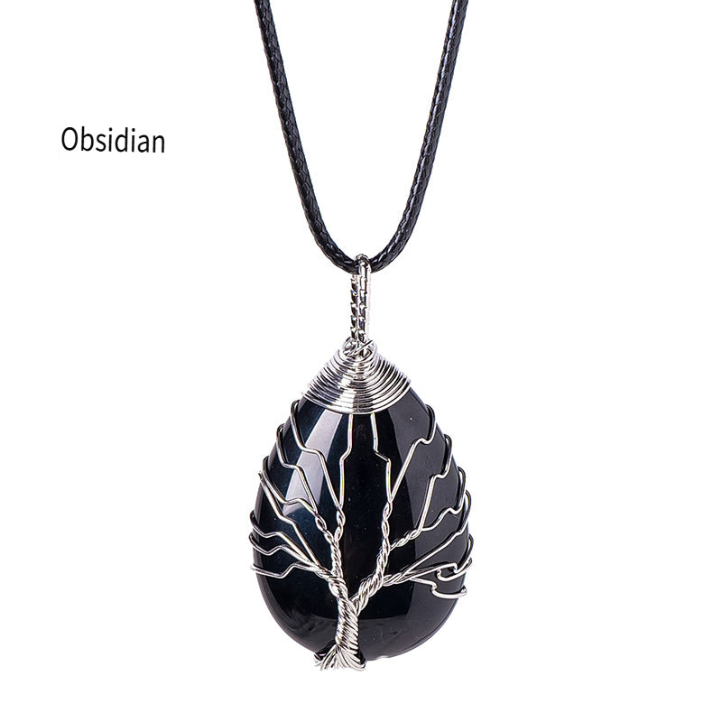 RYS Tree of Life water drop wrapped silk Pendant, hand-woven natural crystal energy stone necklace
