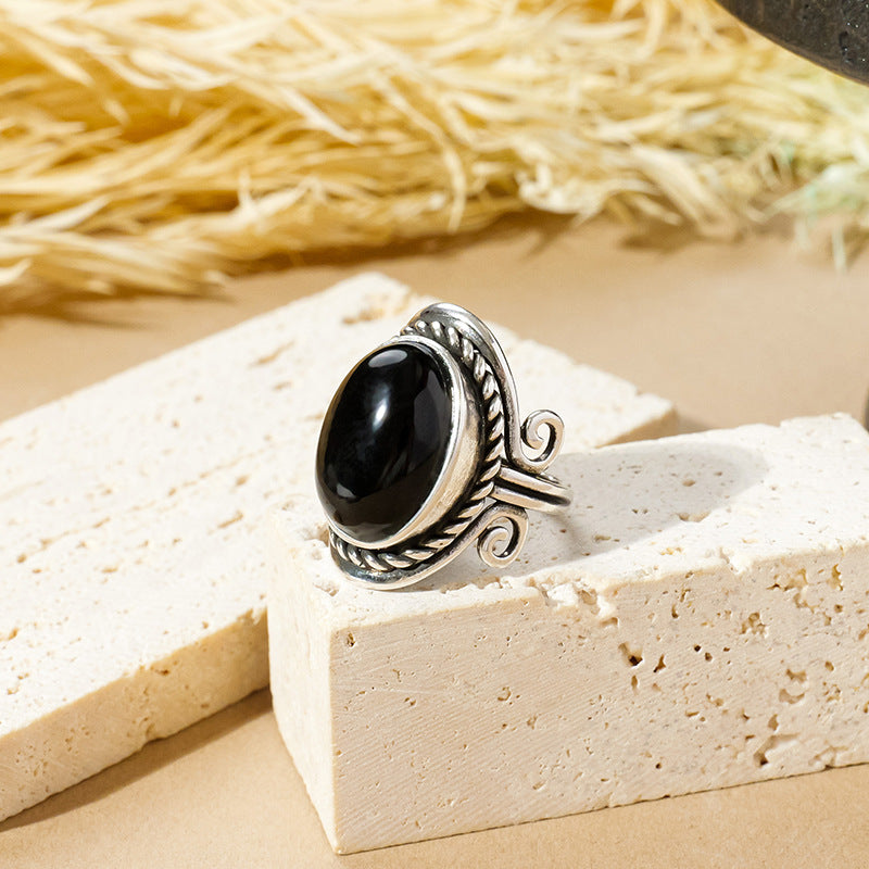 APENG European and American retro style natural crystal gemstone rough stone ring, polished surface, adjustable size