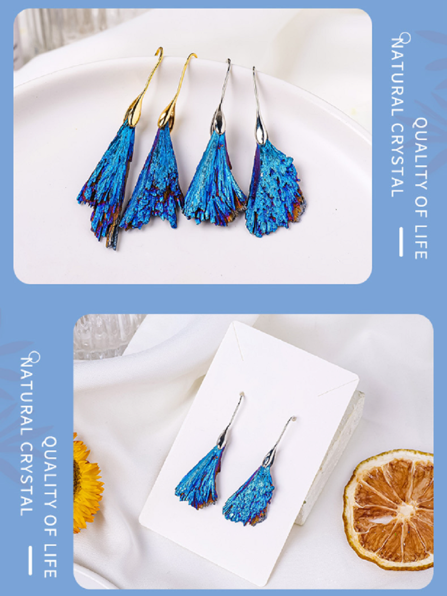 RYS Natural electroplated black tourmaline blue feather rough stone earrings, tourmaline peacock feather ear hook jewelry