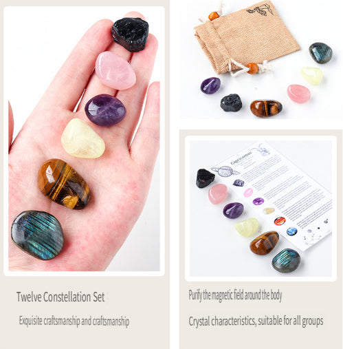RYS Natural crystal cloth bag with rough stone, set of twelve constellations, handmade ore sample, gift for children