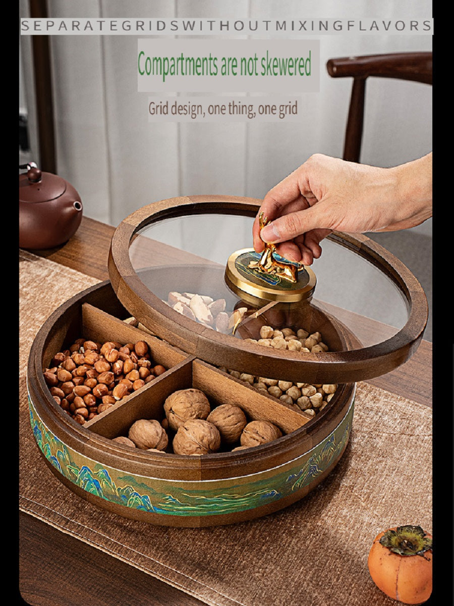 MYZD New Chinese style round dried fruit box, 360 degree rotating, made of African Okoume wood