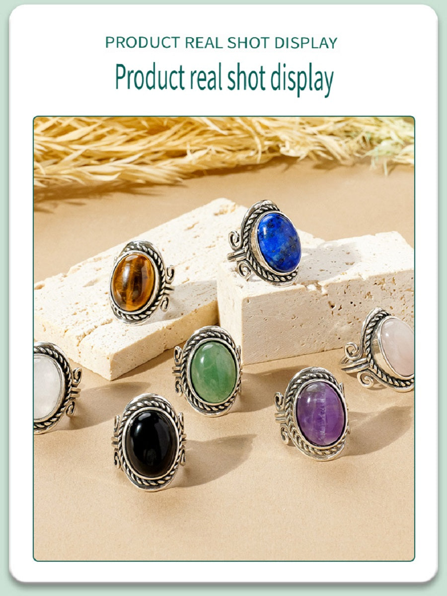 APENG European and American retro style natural crystal gemstone rough stone ring, polished surface, adjustable size