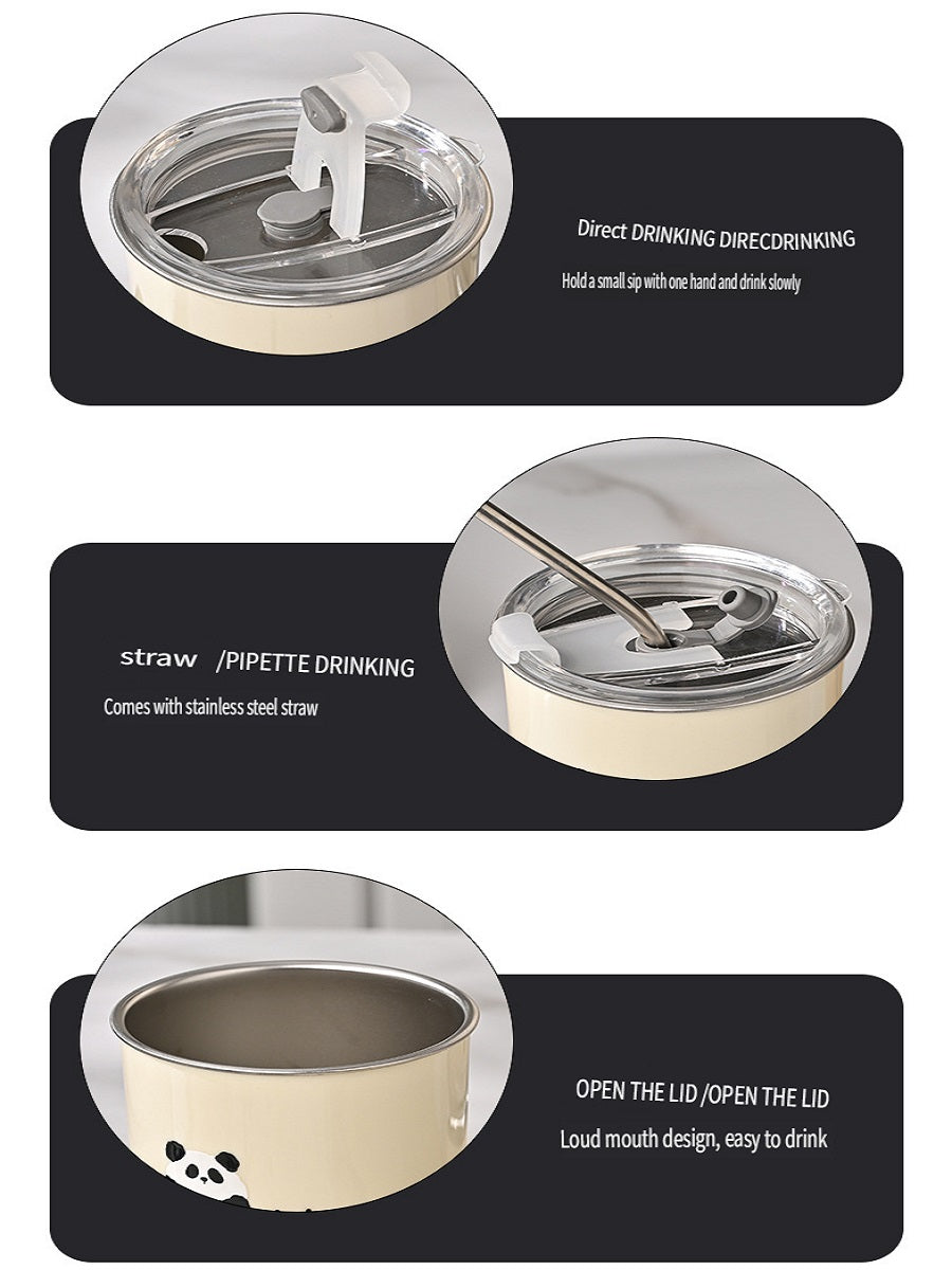 HGD 304 stainless steel coffee cup, cartoon pattern, with straw