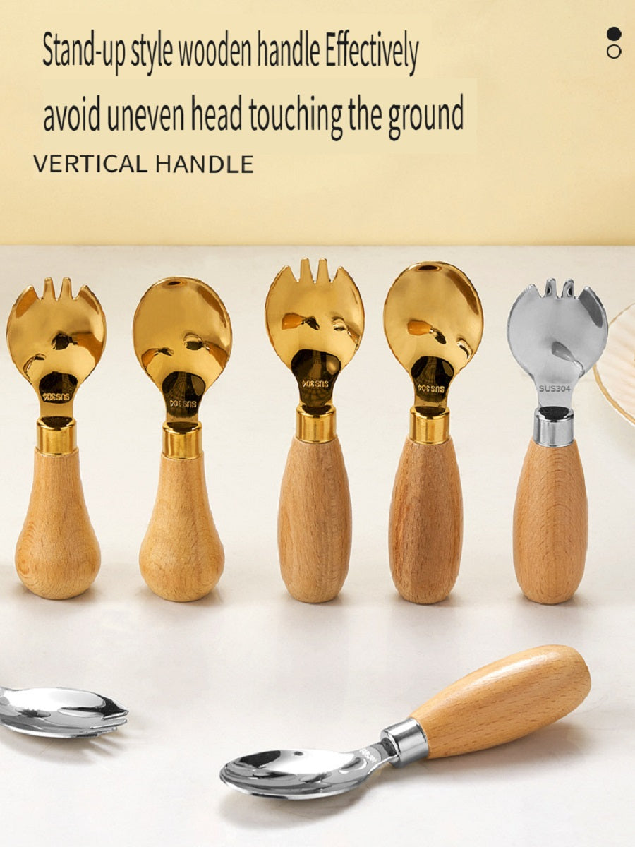HOMGED 304 stainless steel beech handle children's spoon and fork set, original steel color and gold，can stand upright