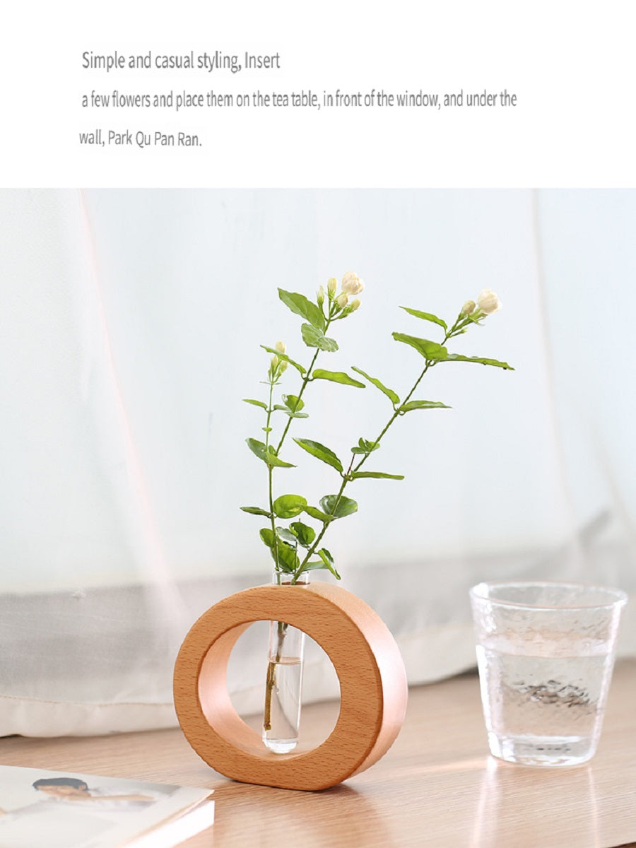XMT Wooden vase creative home desktop decoration, with transparent glass test tube, hydroponic plant flower arrangement, simple pastoral style