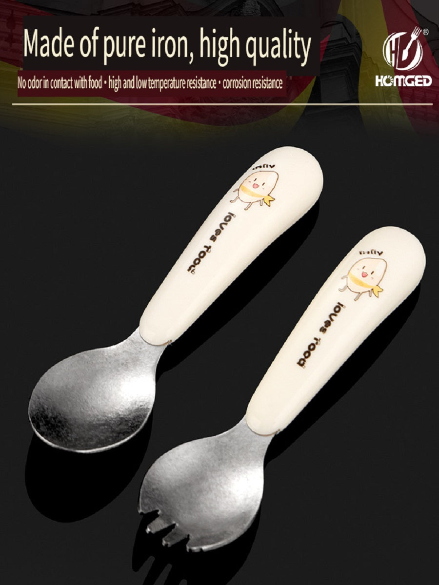 HOMGED Pure titanium children's spoon and fork tableware set, High temperature resistance and corrosion resistance, can be placed flat，suitable for eating training