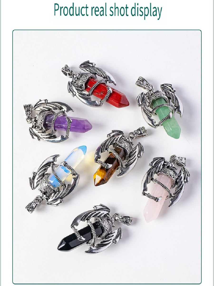 RYS Necklace with a pendant in the form of a flying dragon on one end column made of natural crystal, necklace with a hexagonal crystal column