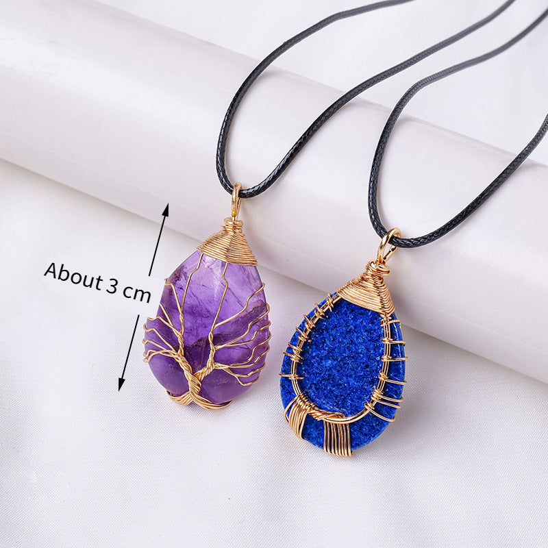 RYS Tree of Life water drop wrapped silk Pendant, hand-woven natural crystal energy stone necklace