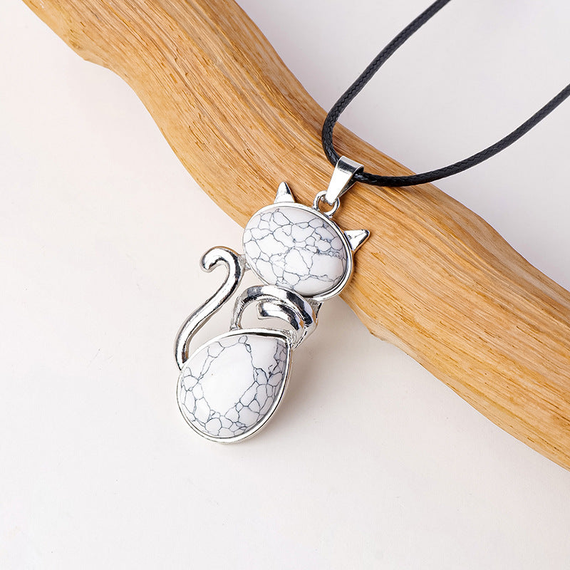 RYS Natural crystal semi-precious stone inlaid cat pendant necklace