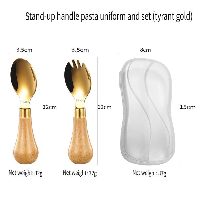 HOMGED 304 stainless steel beech handle children's spoon and fork set, original steel color and gold，can stand upright