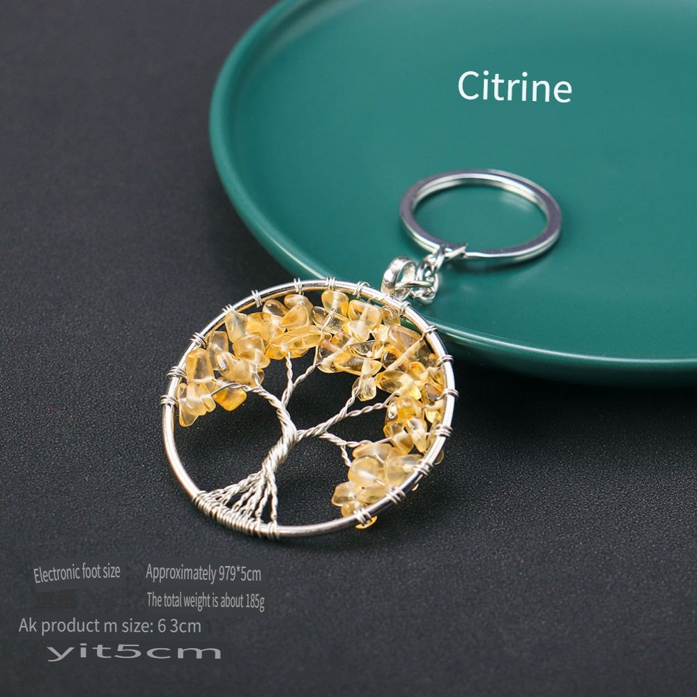 RYS Natural crystal Tree of Life keychain, crystal rough stone gravel key chain