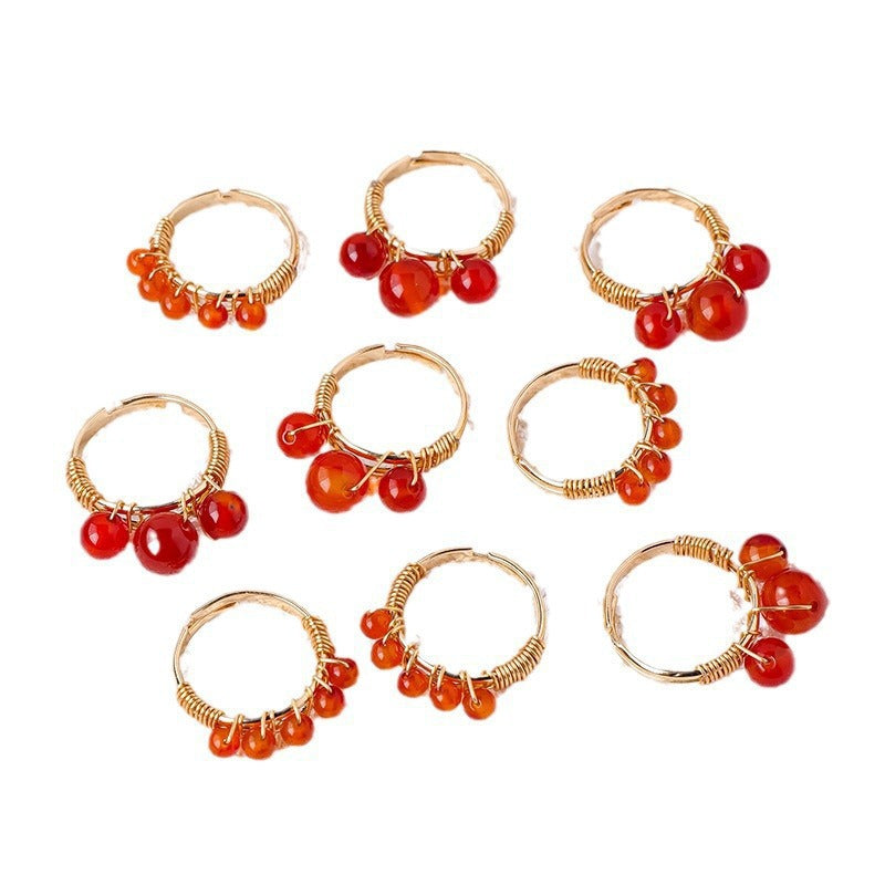 RYS Natural red agate round bead ring, hand-wound